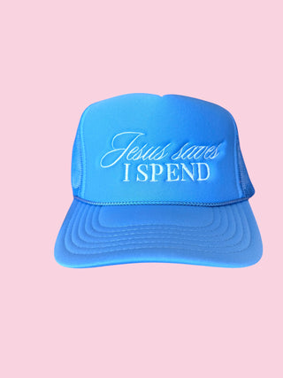 Jesus saves I Spend TRUCKER FOAM - Blue/WHITE Mix & Match Any 6 or More)