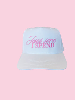 Jesus saves I Spend TRUCKER CANVAS - Pink on White (Mix & Match Any 6 or More)