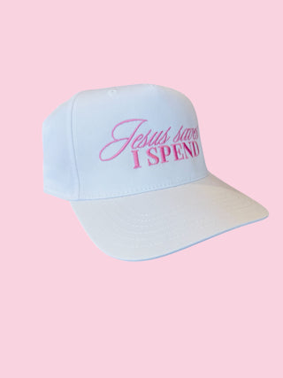 Jesus saves I Spend TRUCKER CANVAS - Pink on White (Mix & Match Any 6 or More)