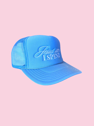 Jesus saves I Spend TRUCKER FOAM - Blue/WHITE Mix & Match Any 6 or More)