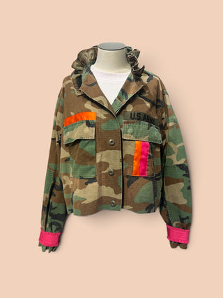 NEW CAMO CROPPED RUFFLE COLLAR JACKET HOT PINK CUFF- ONE SIZE