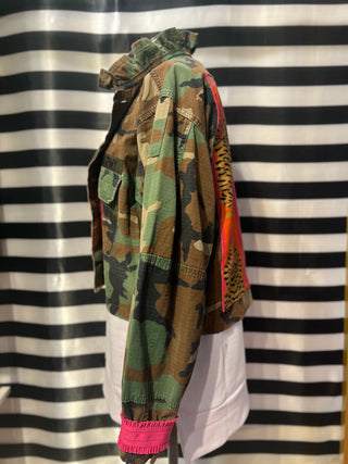 NEW CAMO CROPPED RUFFLE COLLAR JACKET HOT PINK CUFF- ONE SIZE