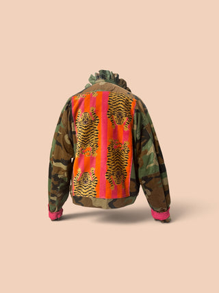NEW CAMO CROPPED RUFFLE COLLAR JACKET HOT PINK CUFF- ONE SIZE