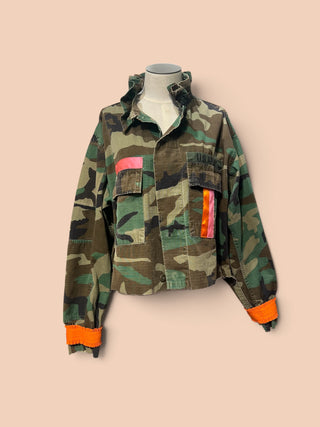 NEW CAMO CROPPED RUFFLE COLLAR JACKET ORANGE CUFF- ONE SIZE