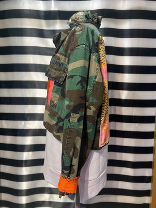 NEW CAMO CROPPED RUFFLE COLLAR JACKET ORANGE CUFF- ONE SIZE