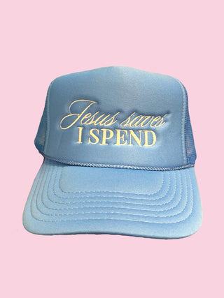 Jesus saves I Spend TRUCKER FOAM - Pink on White (Mix & Match Any 6 or More)